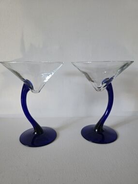 Vintage Libbey Bruvura Set of Two Cobalt Blue Stem Martini Glasses